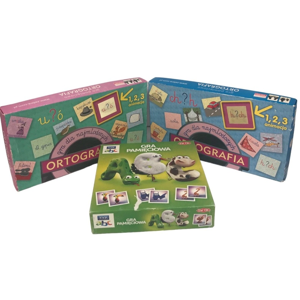 Lot of 3 Polish Educational Games Tactic TVP ABC Memory & Ortografia Spelling